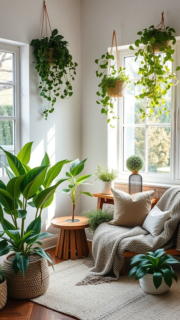 A cozy indoor space with various plants, including hanging plants and potted plants, creating a fresh and inviting atmosphere.
