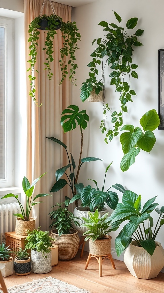 A cozy apartment corner filled with various indoor plants in stylish pots, showcasing a fresh and inviting atmosphere.
