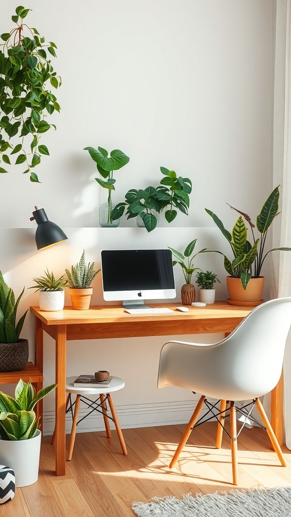 A cozy desk setup featuring various indoor plants around a wooden desk with a computer.