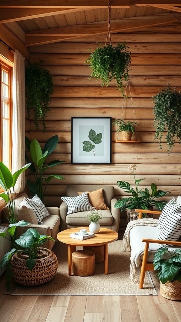 Cozy cabin interior with various indoor plants, comfortable seating, and natural wood elements.