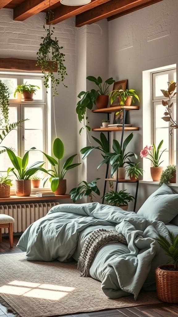 A rustic bedroom filled with various indoor plants, featuring soft green bedding and natural light.