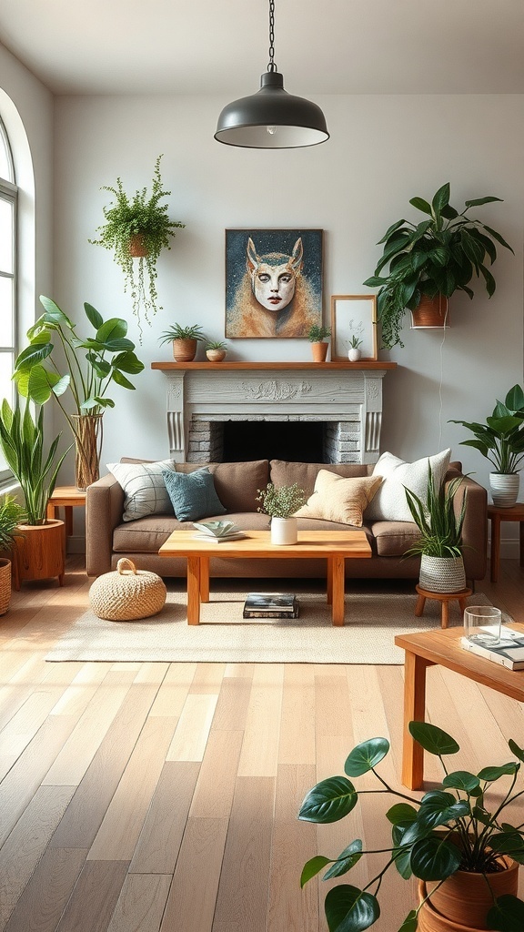 A rustic living room with various indoor plants, a cozy sofa, and wooden furniture.