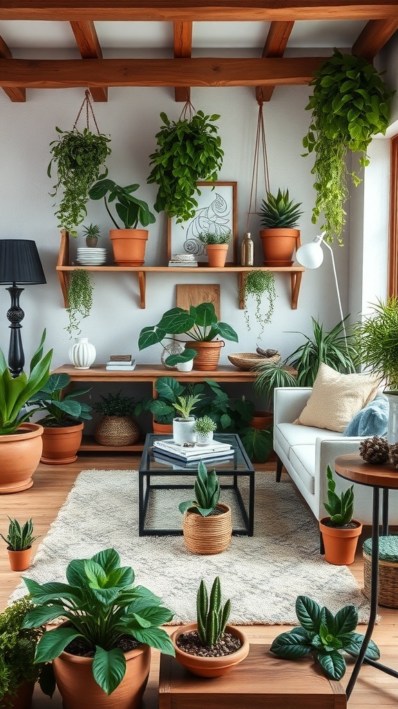 A cozy rustic interior filled with various indoor plants in pots, creating a fresh atmosphere.