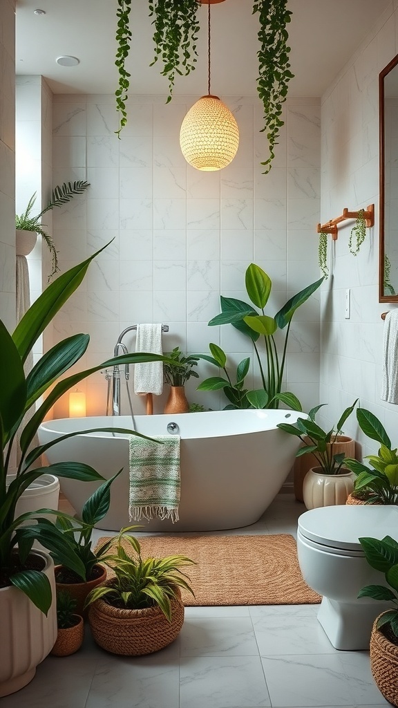 A stylish bathroom featuring various indoor plants, a freestanding bathtub, and natural decor elements.