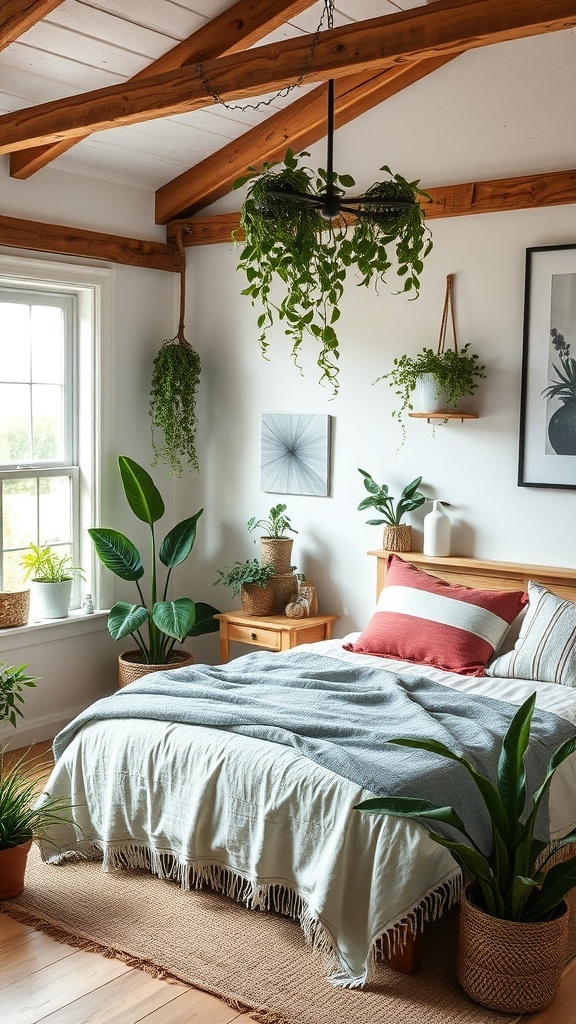 A rustic farmhouse bedroom featuring a bed with a light blanket, surrounded by various indoor plants, including hanging and potted plants, with wooden beams and natural light.