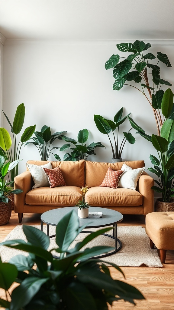 A cozy living room featuring a light brown couch surrounded by various indoor plants, creating a fresh and inviting atmosphere.