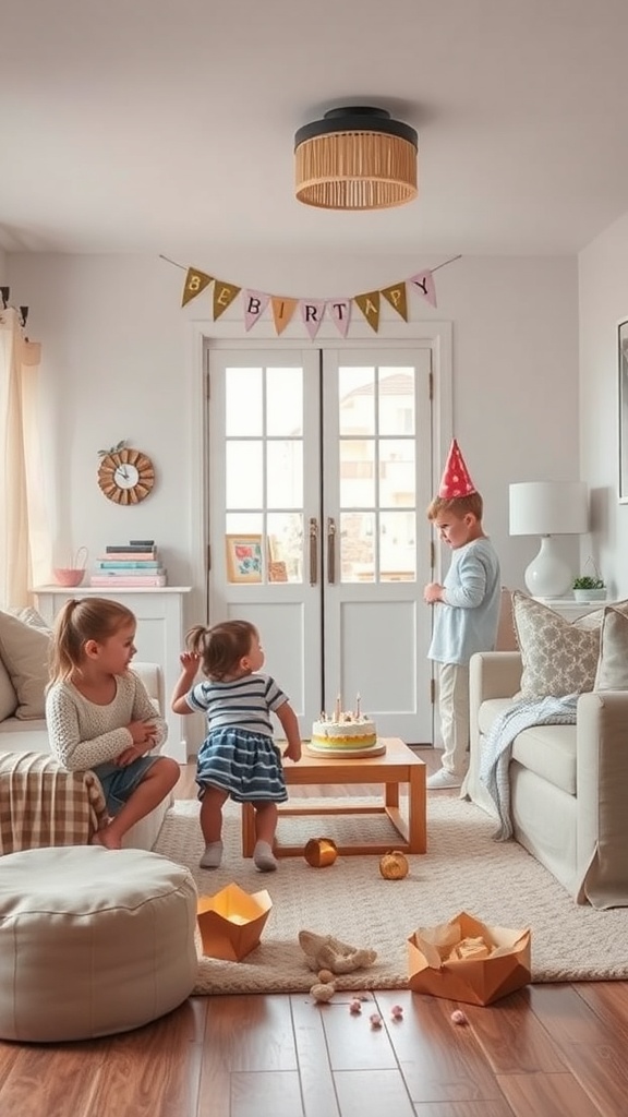 Children celebrating a birthday at home with a cake and decorations.