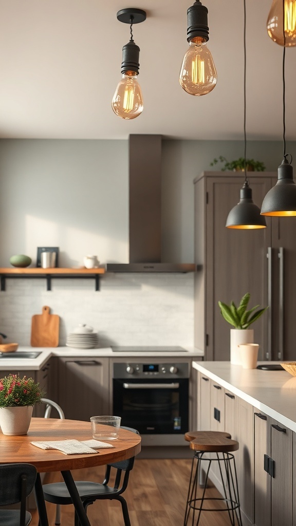 A modern kitchen with industrial-style pendant lighting and wooden dining table.