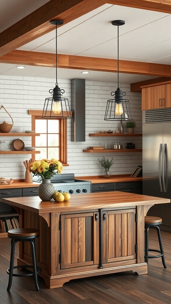 A modern rustic kitchen featuring industrial-style pendant lighting over a wooden island.