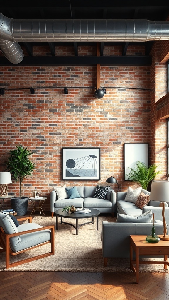 A cozy living room featuring an industrial brick wall, modern furniture, and decorative plants.