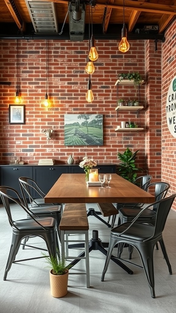 Industrial chic dining area with exposed brick wall, wooden table, metal chairs, and warm lighting.