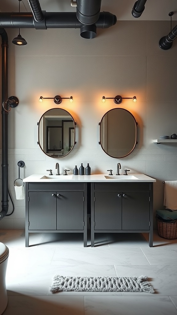 Stylish industrial chic dual vanity bathroom with dark cabinetry, marble countertop, and round mirrors.