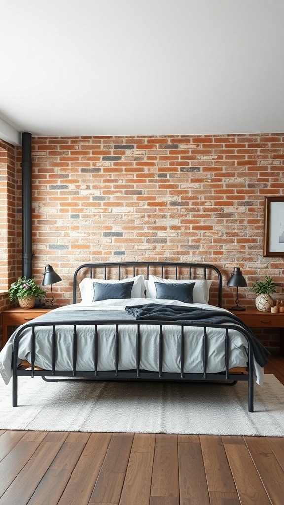 A stylish grey bed frame with metal accents in a bedroom featuring a brick wall and cozy decor.
