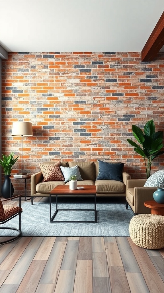 A cozy living room featuring an exposed brick wall, brown sofa, and modern decor.