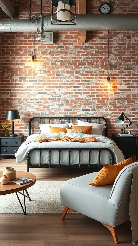 A modern industrial chic bedroom featuring a metal bed frame, exposed brick wall, and warm lighting.