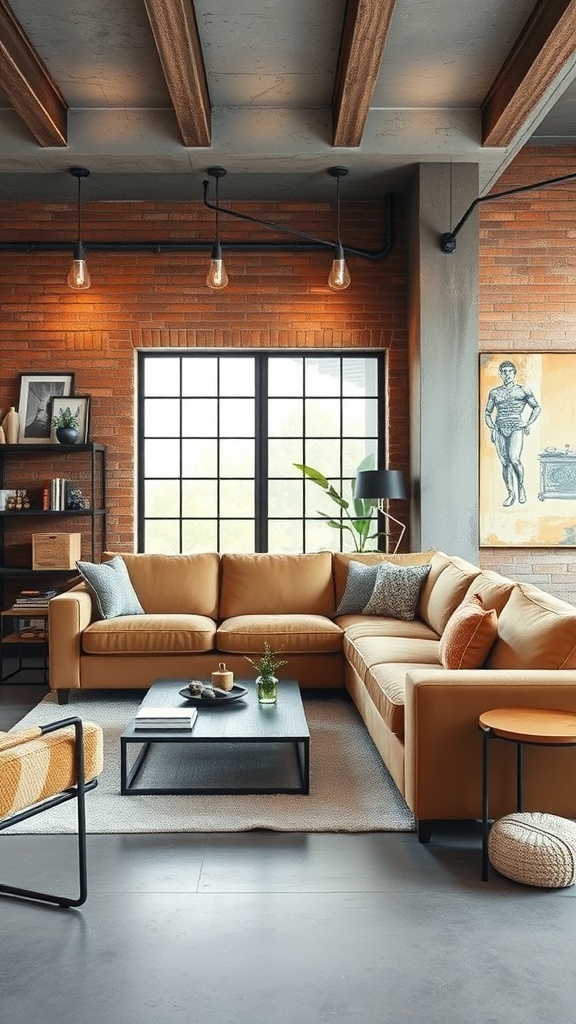 A stylish living room featuring a light brown couch, exposed brick walls, metal accents, and large windows.