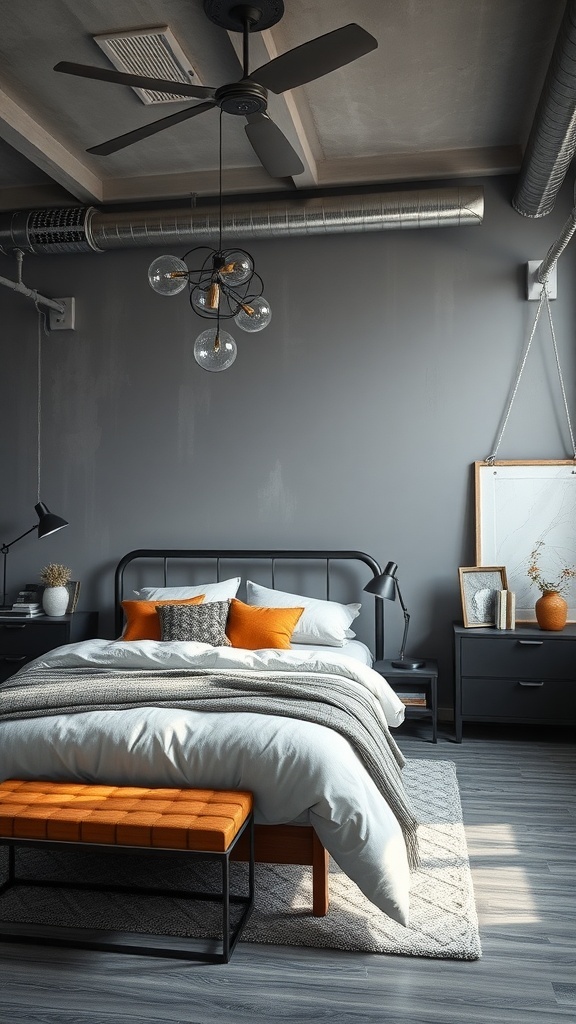 A stylish grey bedroom featuring an industrial design with metal touches, showcasing a metal bed frame, grey walls, and warm orange accents.