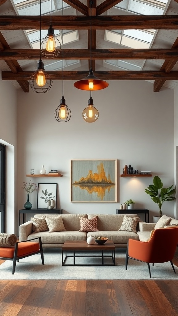 A modern rustic living room featuring industrial lighting fixtures with warm bulbs hanging from a wooden ceiling.