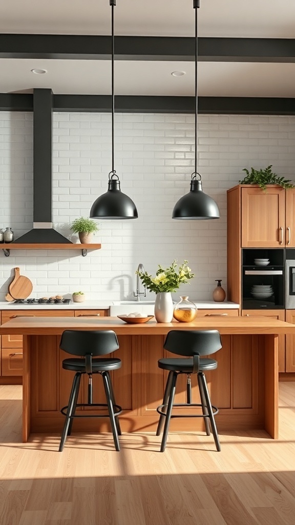 A rustic modern kitchen featuring industrial lighting fixtures above a wooden island.