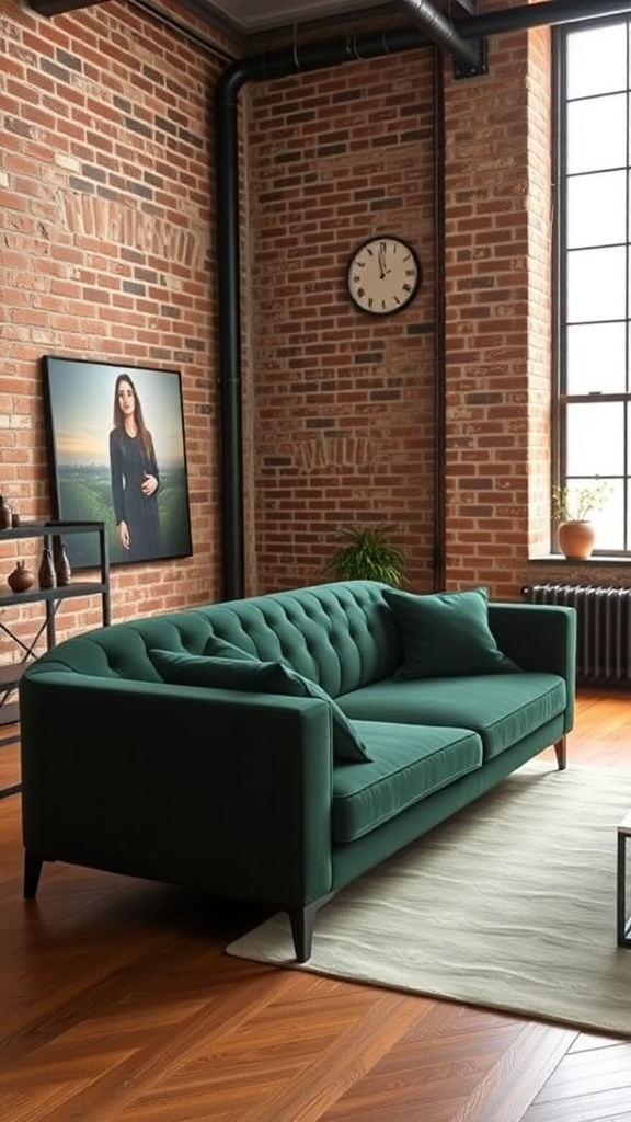 A dark green couch in an industrial loft with exposed brick walls and large windows.