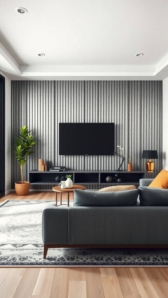 Modern living room with industrial metal panel accent wall behind a mounted TV
