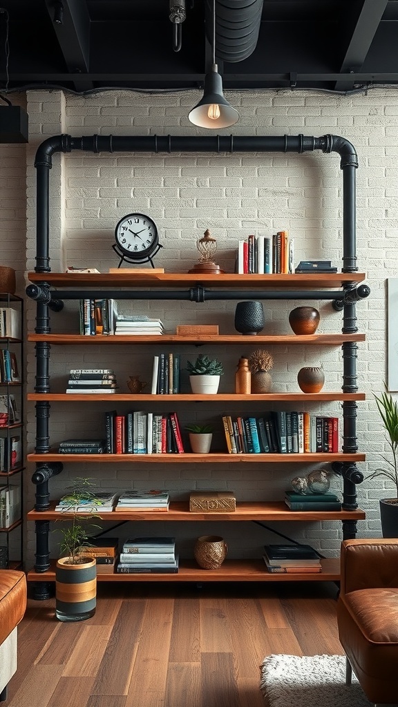 Industrial style shelves made of metal pipes and wooden boards with various decorative items.