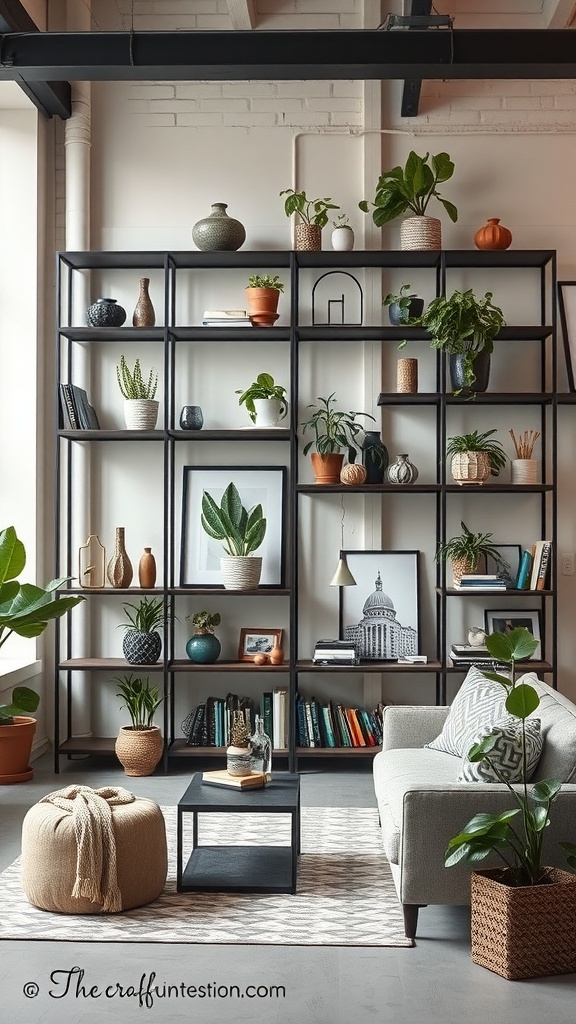 Industrial metal shelves with plants and decorative items in a modern urban living room
