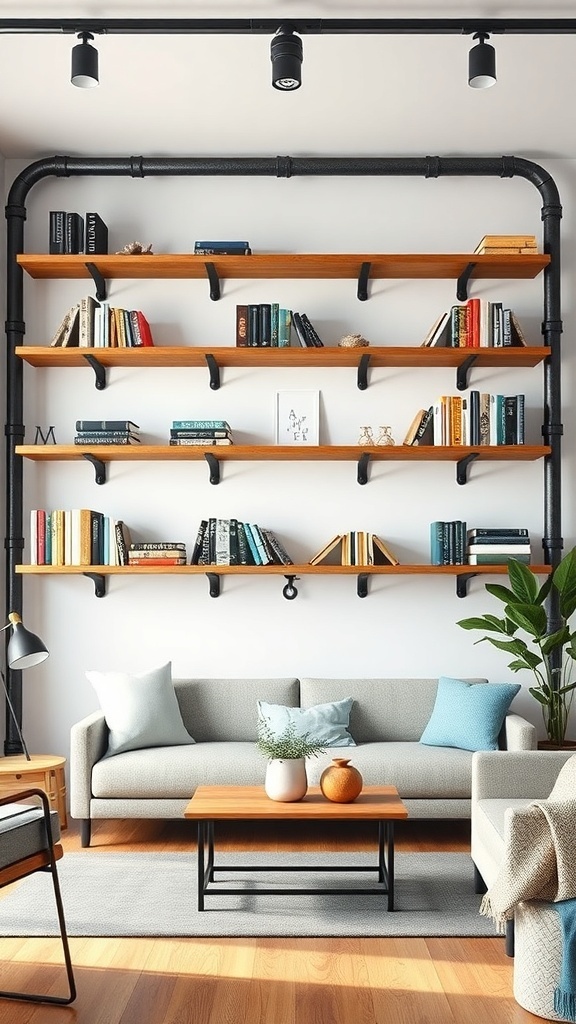 Industrial pipe bookshelves with wooden shelves and black pipe supports in a modern living room