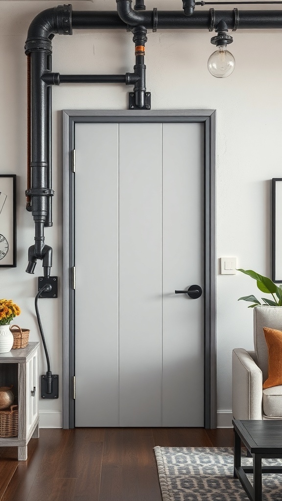 An industrial-style door casing featuring black pipes alongside a gray door.