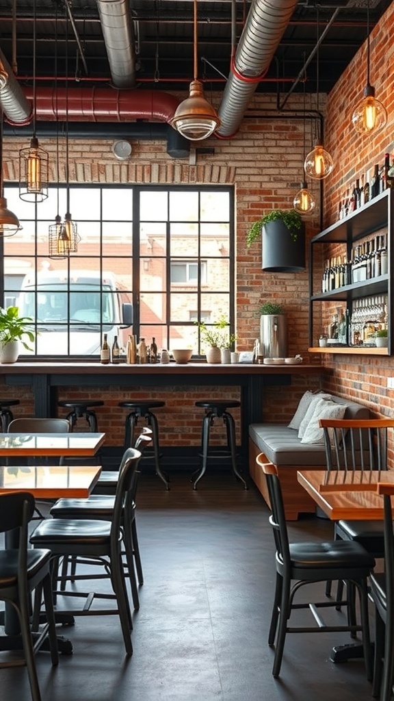 Interior of an industrial style bar with exposed brick walls, metal accents, and stylish furniture.