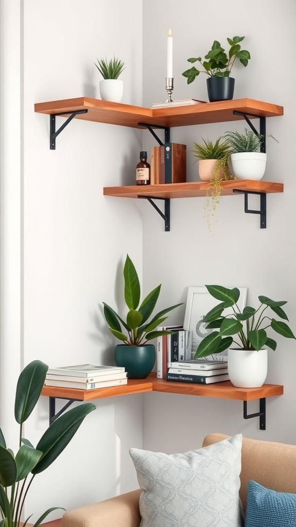 Industrial style corner shelves with wooden shelves and black metal brackets, decorated with plants and books.