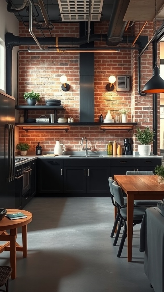 A modern industrial kitchen featuring exposed brick walls, dark cabinetry, open shelving, and a wooden dining table.