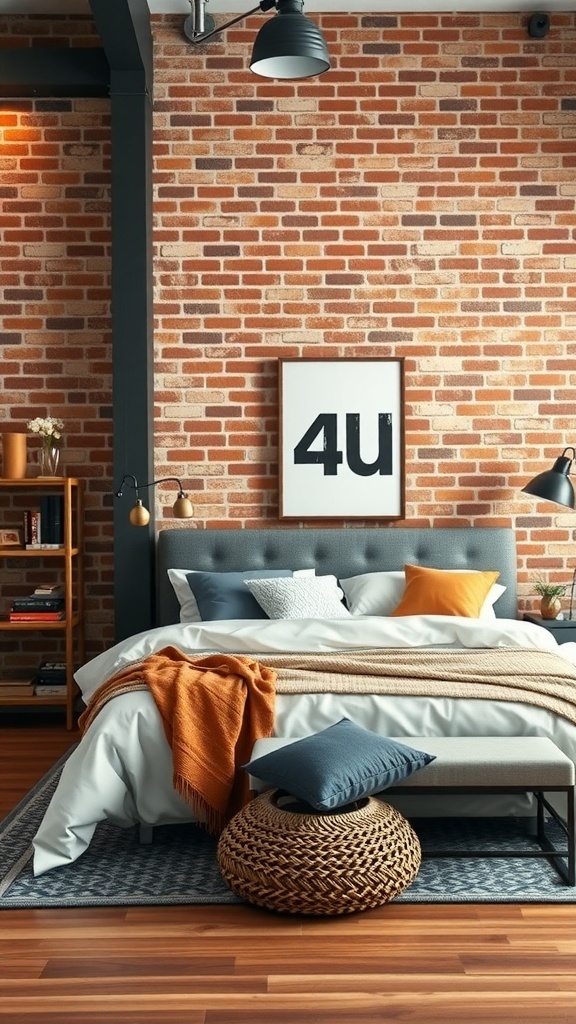A cozy bedroom with an exposed brick wall, featuring a gray bed, colorful pillows, and a woven pouf.
