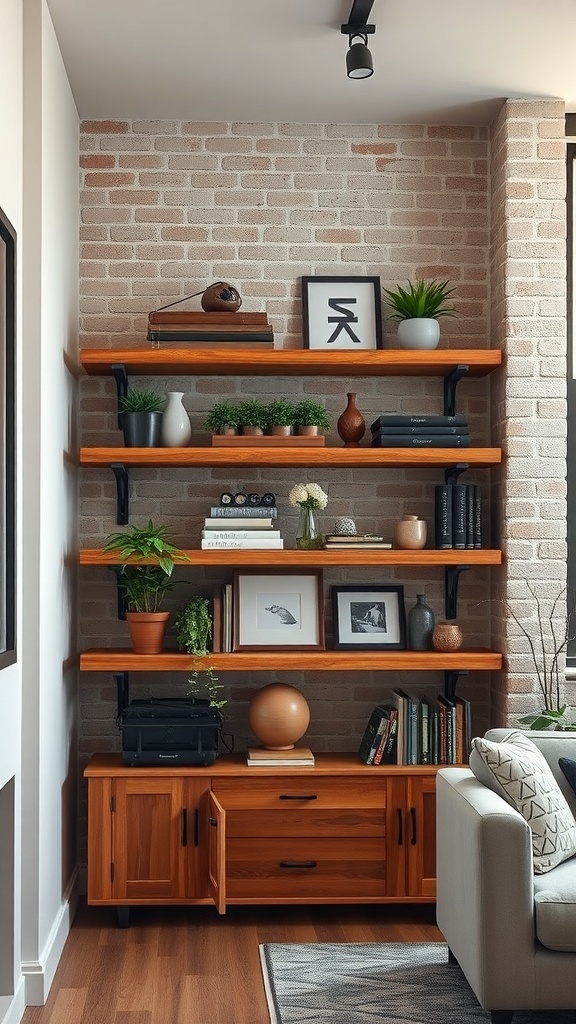 Industrial style floating shelves with wooden shelves and metal brackets, displaying plants and decor against a brick wall.