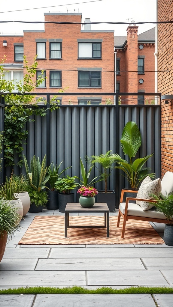 A modern backyard featuring an industrial style metal fence with plants and seating area.