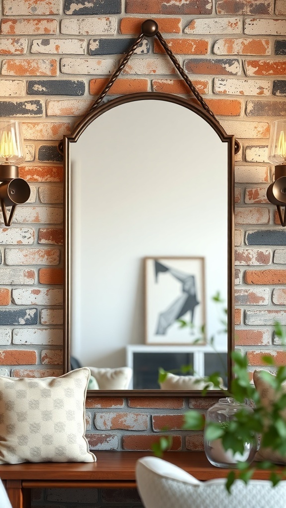 Industrial style mirror with a bronze frame hanging on a brick wall, complemented by wall sconces.