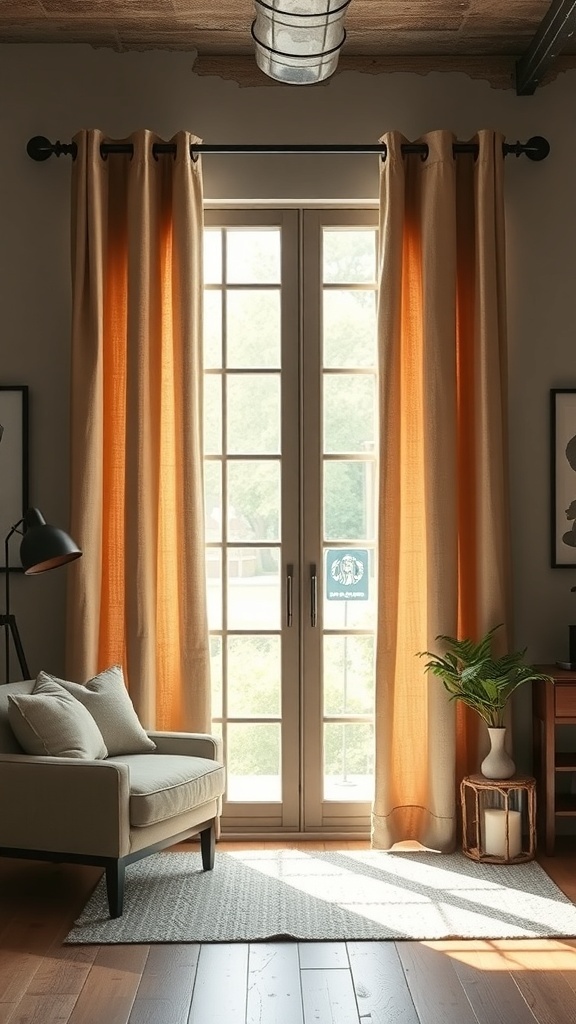 Cozy industrial-style room with double curtain rods and layered curtains