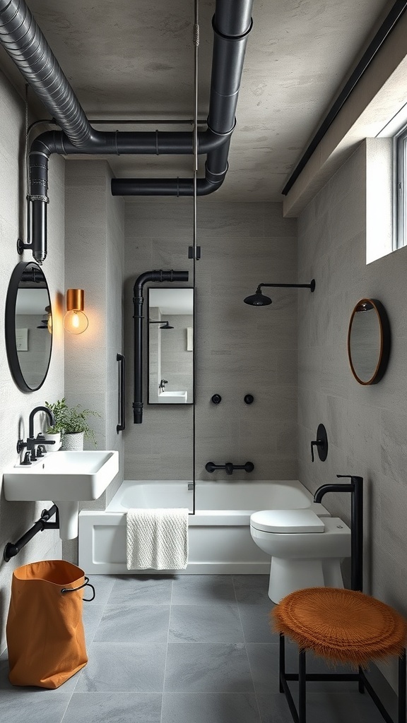 A modern industrial style bathroom featuring exposed pipes, gray walls, and stylish fixtures.
