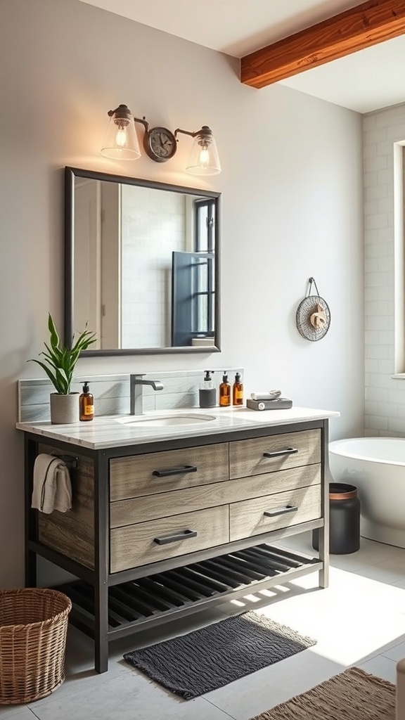 Industrial style bathroom vanity with metal accents and wooden drawers