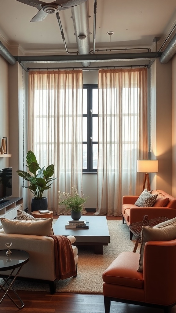 A cozy living room with industrial style curtains and metal hardware, featuring orange furniture and plants.