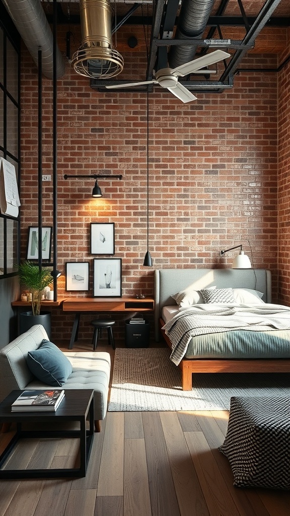 An industrial-style bedroom featuring exposed brick walls, wooden furniture, and stylish lighting.