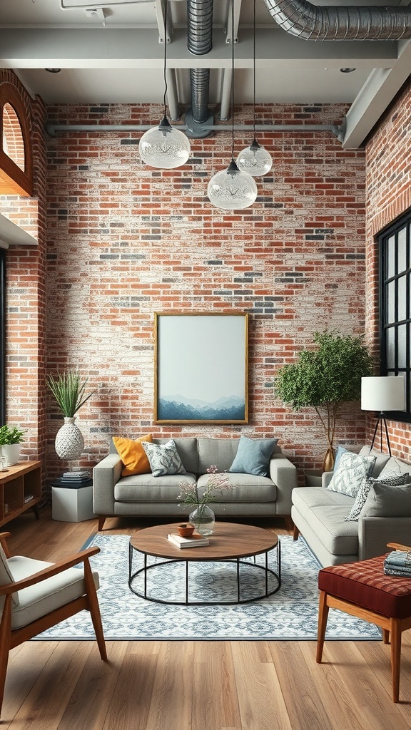 A cozy living room featuring an exposed brick wall, modern furniture, and stylish lighting.