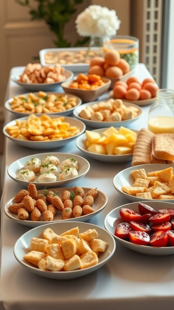 A beautifully arranged table with various appetizers for a bridal shower, featuring fruits, cheeses, crackers, and snacks.