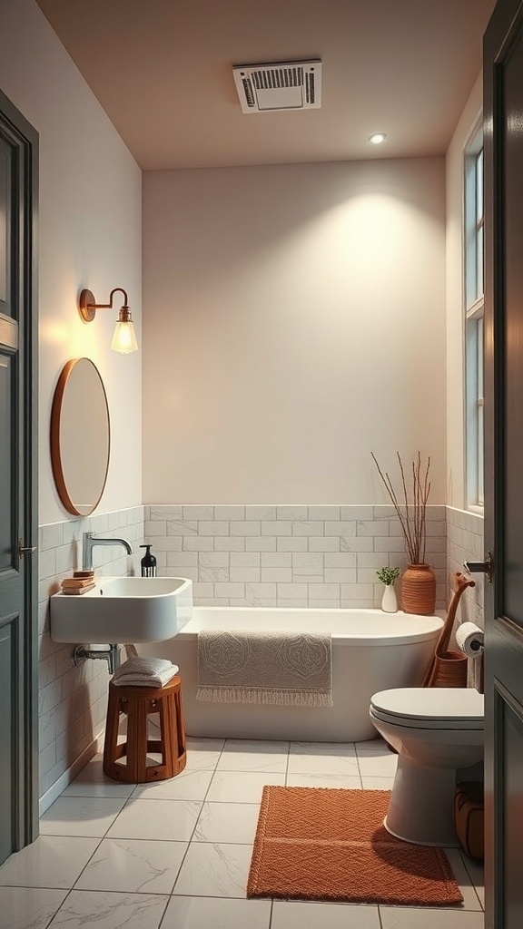 A beautifully lit modern bathroom with wall sconces and recessed lighting.