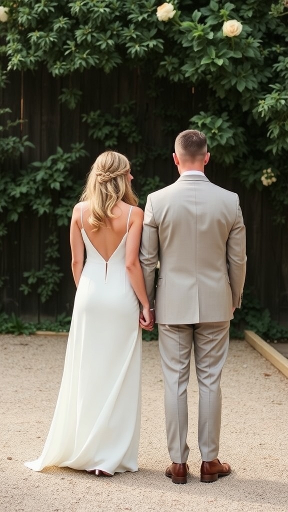 A couple holding hands at their backyard wedding, showcasing elegant yet simple wedding attire.