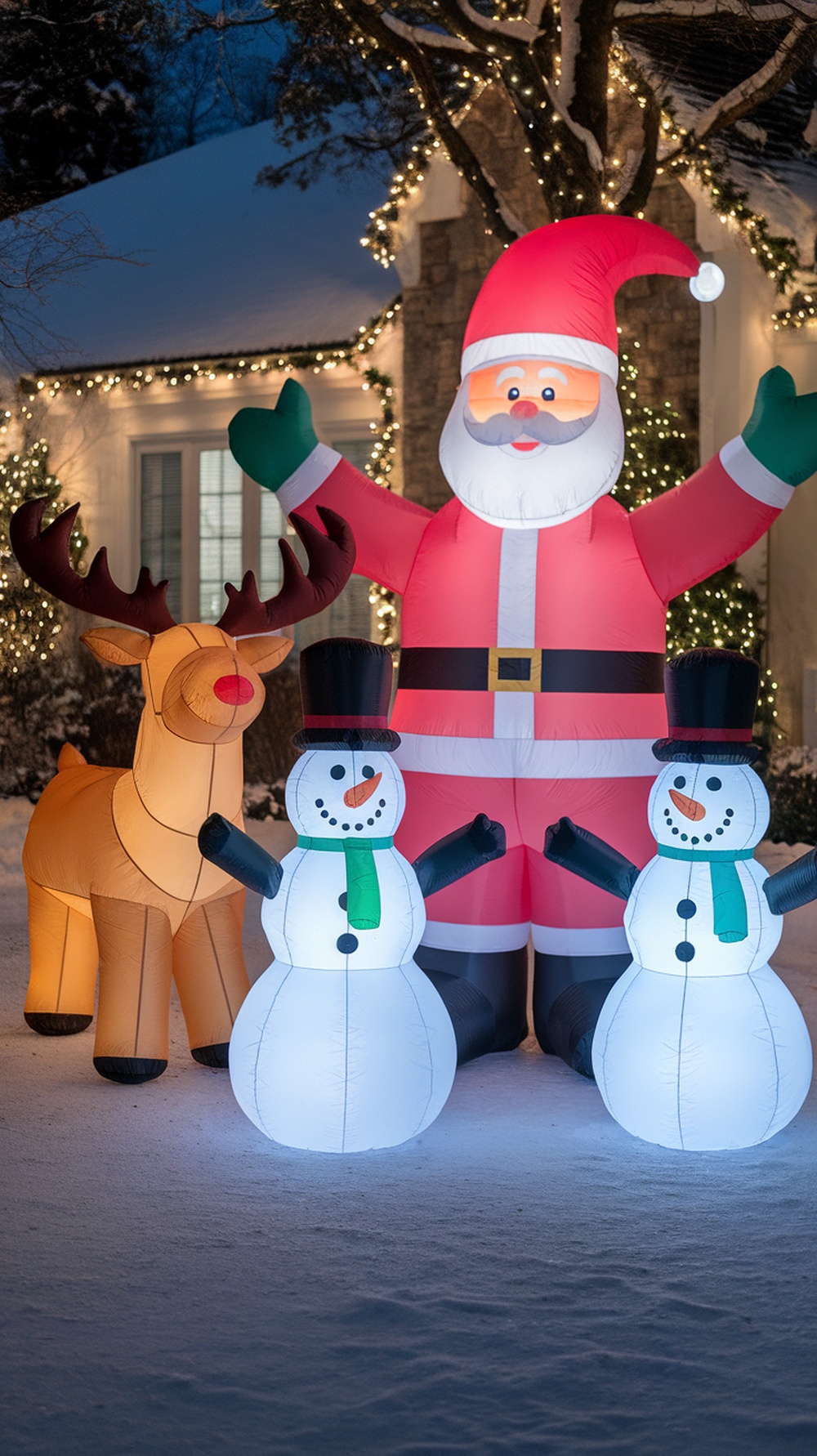 An inflatable Santa with a reindeer and two snowmen in a snowy yard, decorated for Christmas.