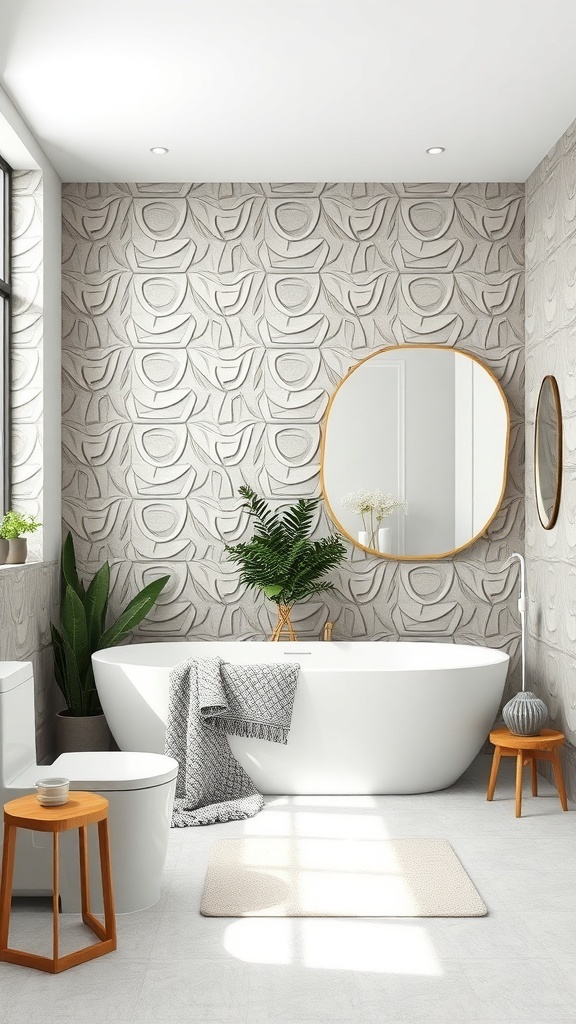 A modern bathroom featuring textured 3D wall panels, a freestanding tub, and natural elements.