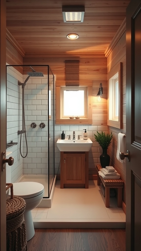 A cozy bathroom featuring wood paneling, a glass shower, and a compact sink in a tiny cabin.