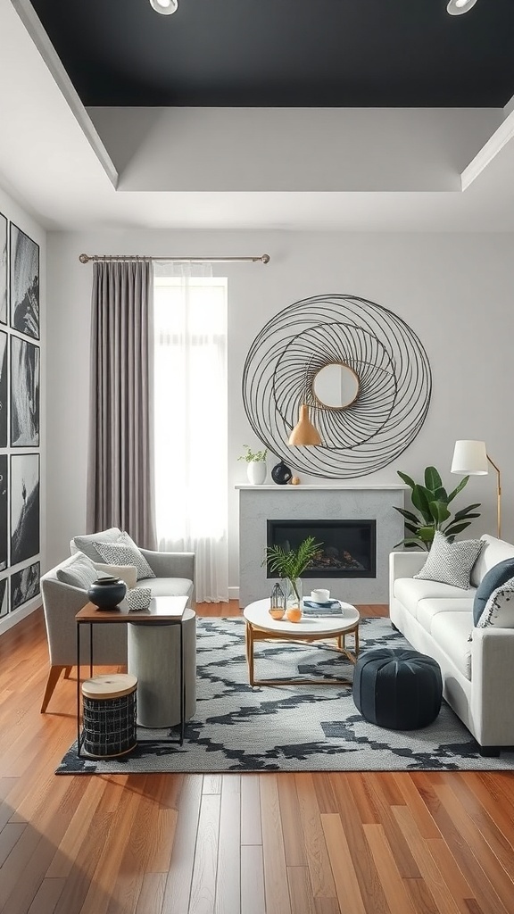 Modern black and white living room with stylish wall treatments and decor