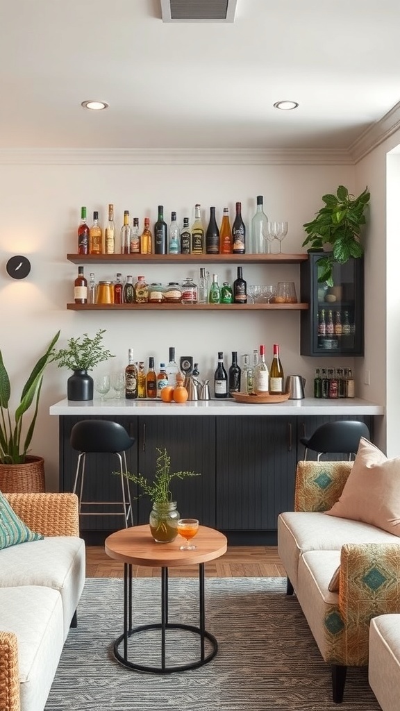 A stylish home cocktail station with a variety of spirits, fresh ingredients, and cozy seating.